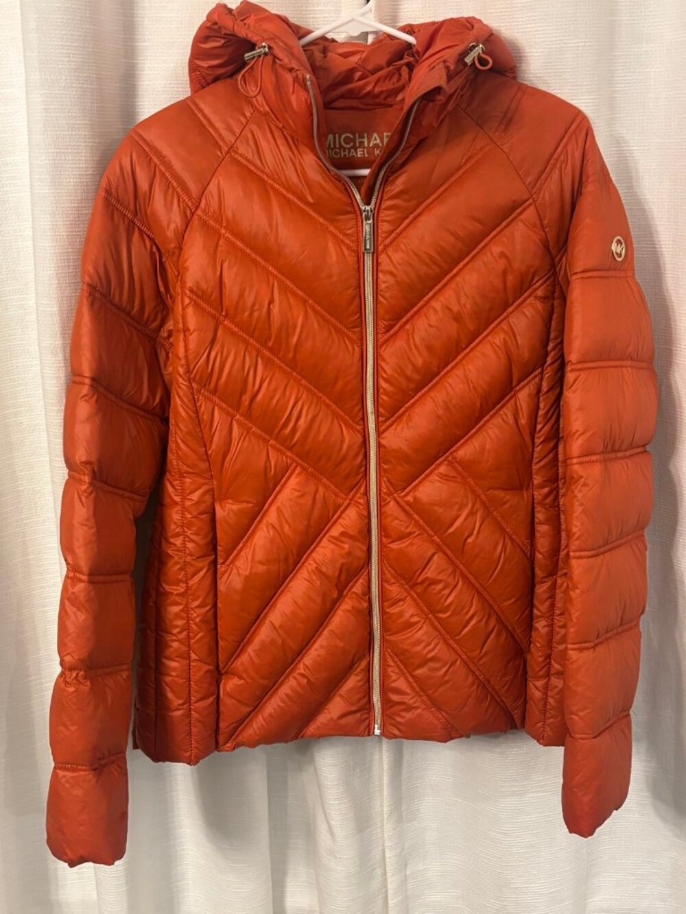 Michael Kors Packable Down Puffer Jacket Burnt Orange Chevron Quilted Hooded M